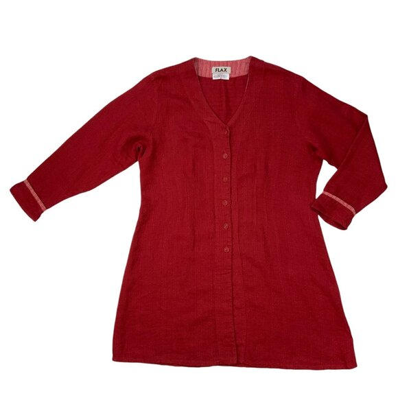 Flax Linen Jacket Blazer M Red V-Neck Button Front Tunic Lagenlook Bohemian - Picture 12 of 12